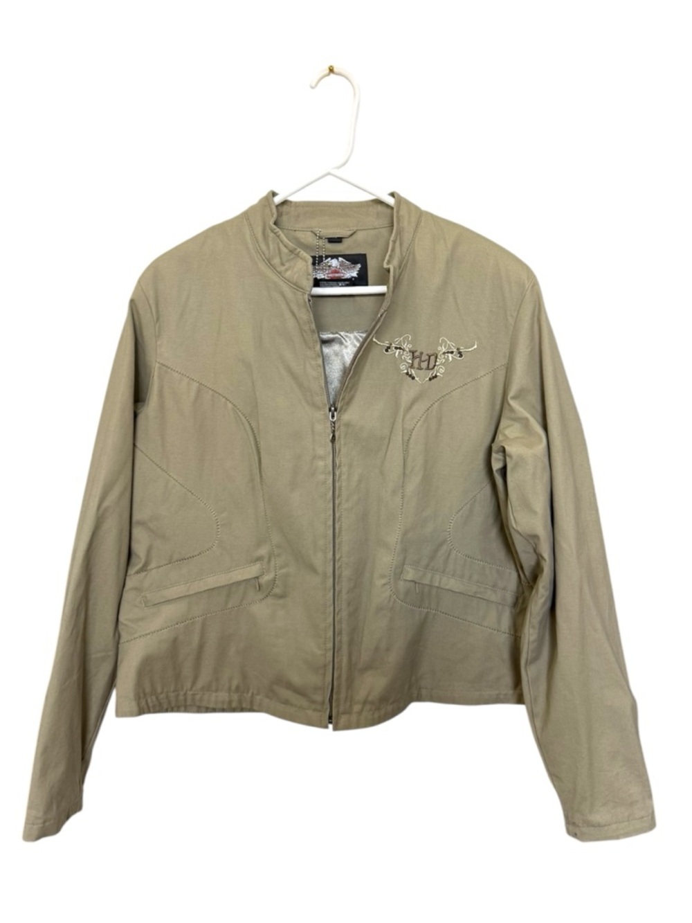 Harley Davidson Embroidered Jacket Tan Zip Moto XL Rhinestone Logo